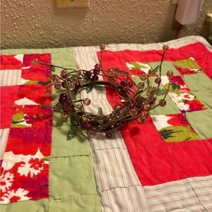 New Beaded Wire and Resin Candle Ring with Purple Beads and Green Leaves